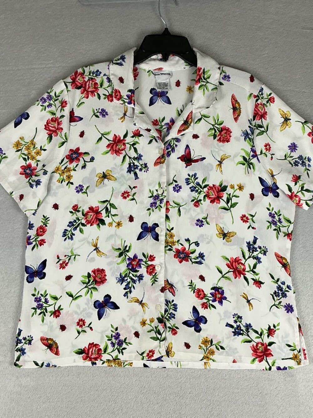 BonWorth Women's White Floral Butterfly Short Sleeve Blouse Size Large Button-up